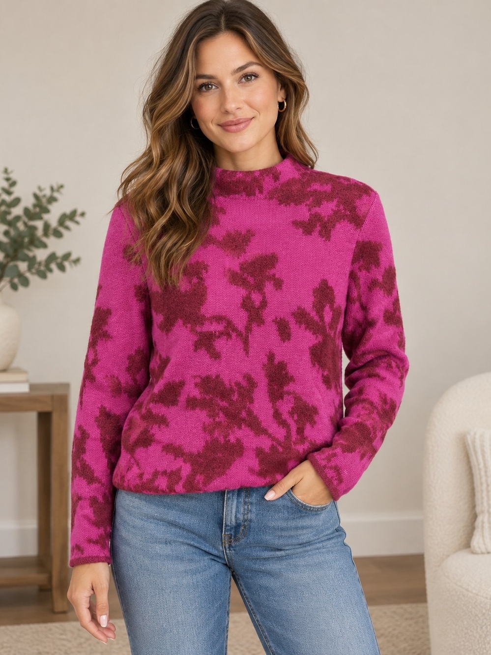 Tribal Jeans XS Pink Burgundy Floral Mock Neck Stretchy Soft Sweater NWOT